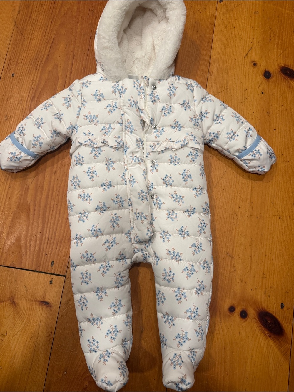 Snowsuit Nicole Miller Baby Floral Puffer One-Piece White Blue Flowers 3/6 mths